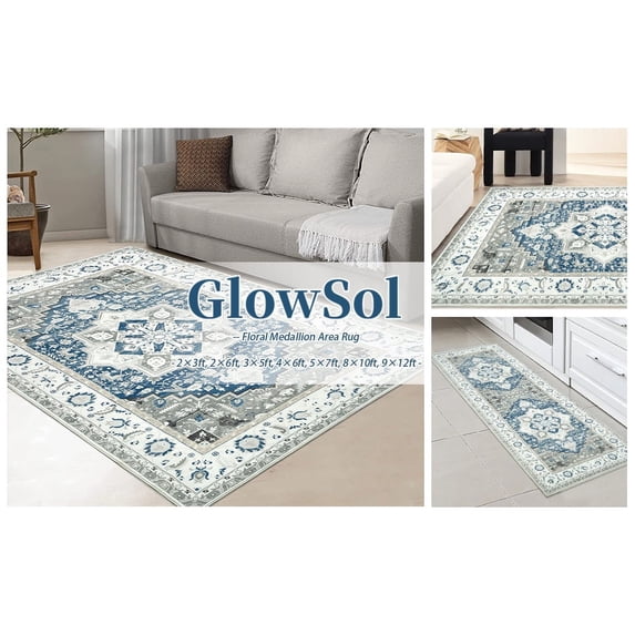 Area Rug Washable Rugs Vintage Boho Rugs for Entryway Oriental Vintage Distressed Blue Throw Rugs Persian Carpet Farmhouse Kitchen Doormat Washable Non Slip Rug Bedroom Kitchen