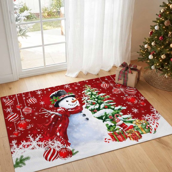 Area Rug Watercolor Christmas Tree Ball Rectangle Area Rugs Washable Rug for Living Room Bedroom Dining Room, Snowman on Red Background Soft Non-slip Floor Carpet 2x3ft