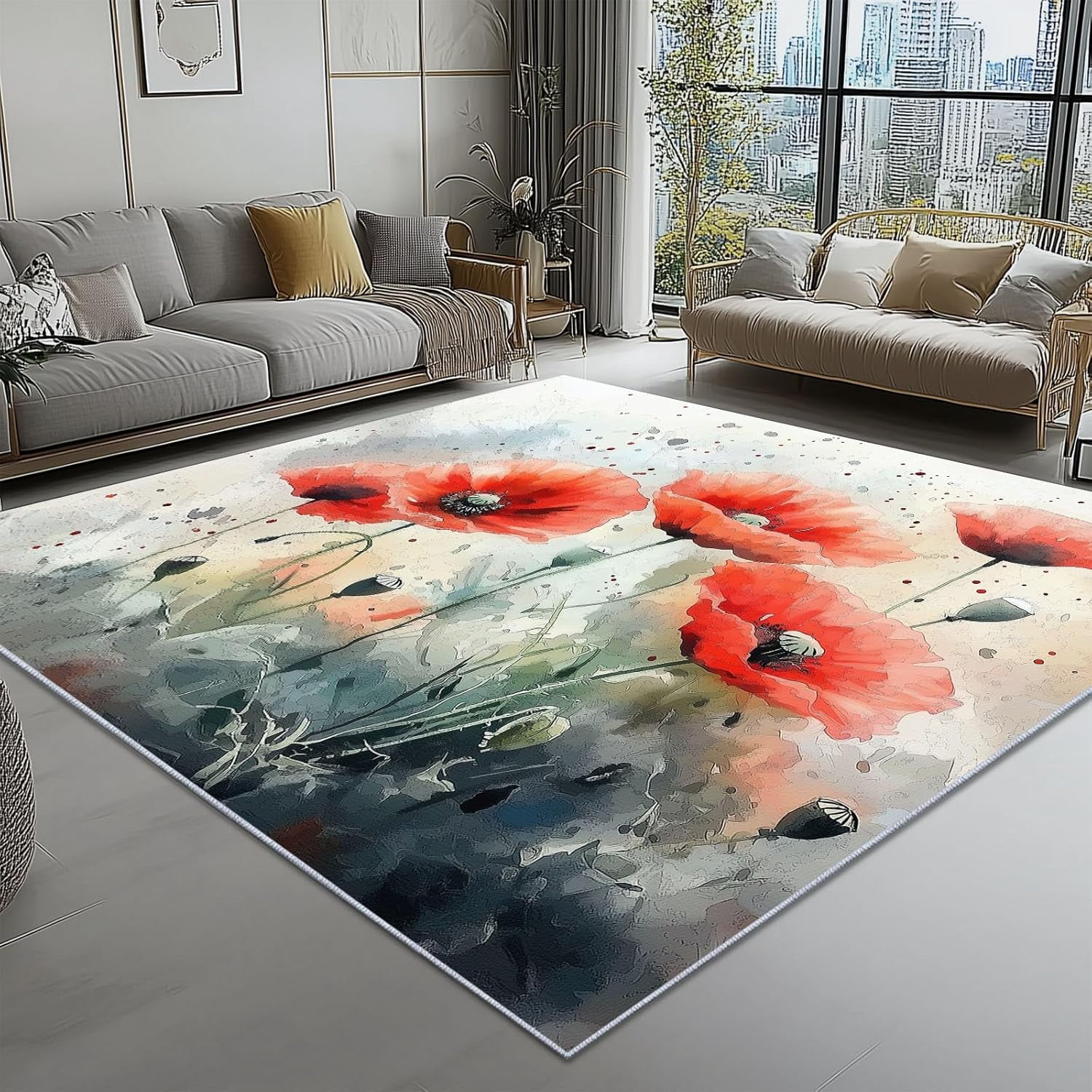 Area Rug Watercolor Floral Pattern Non-slip Washable Non-linting Low ...