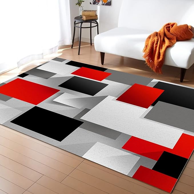 Area Rug, White Grey Black Red Modern Abstract Art Geometric Area Rug ...