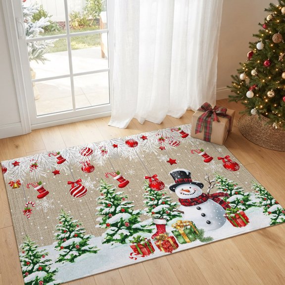 Area Rug Winter Christmas Tree Snowman Ball Rectangle Area Rugs Washable Rug for Living Room Bedroom Dining Room, Fir Leaves Vintage Linen Soft Non-slip Floor Carpet 2x3ft