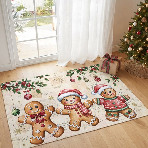 Area Rug Winter Man Xmas Ball Rectangle Area Rugs Washable Rug for Living Room Bedroom Dining Room, Holly Berry Retro Letter Soft Non-slip Floor Carpet 2x3ft