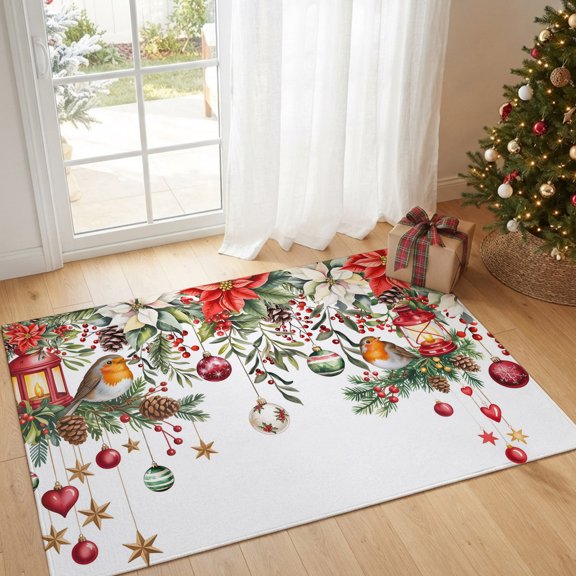 Area Rug Winter Poinsettia Christmas Ball Rectangle Area Rugs Washable Rug for Living Room Bedroom Dining Room, Bird Pine Branches Pinecone Soft Non-slip Floor Carpet 2x3ft