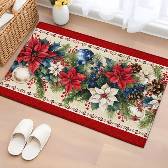 Area Rug Xmas Poinsettia Fir Leaves on Red Rectangle Area Rugs Washable Rug for Living Room Bedroom Dining Room, Christmas Pine Cones Berry Soft Non-slip Floor Carpet 2x3ft