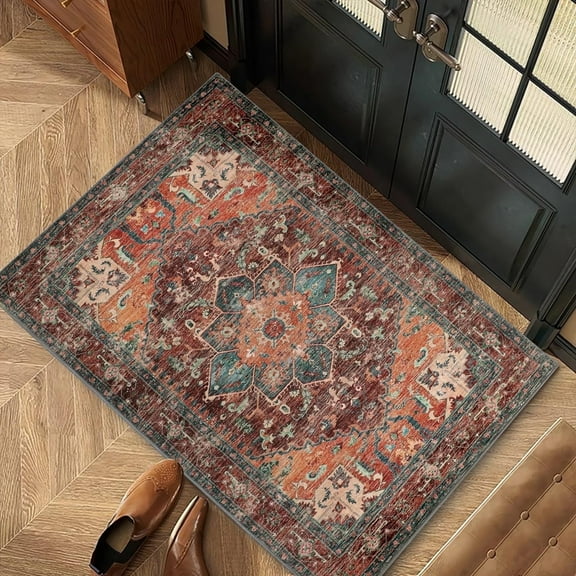 Area Rug, Yamaziot 2'x3' Washable Doormat for Indoor, Vintage Boho Area Throw Rugs, Non-Slip Faux Wool Distressed Mat Floor Carpet with Rubber Backing for Bathroom Entryway Bedroom