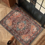 Area Rug, Yamaziot 2x3 Washable Doormat for Indoor, Vintage Boho Area Throw Rugs, Non-Slip Faux Wool Distressed Mat Floor Carpet with Rubber Backing for Bathroom Entryway Bedroom