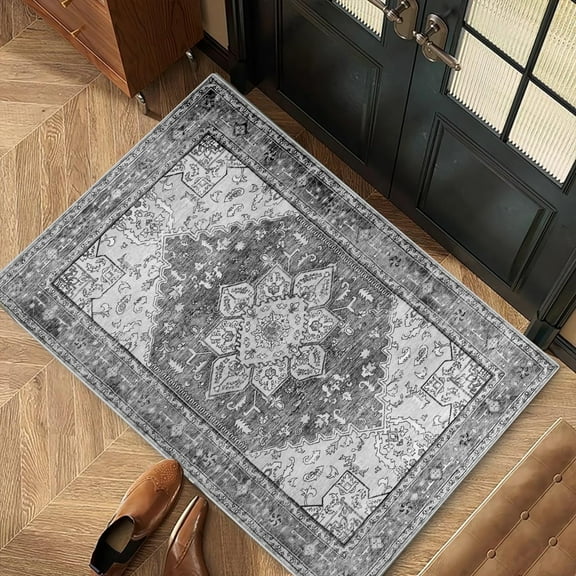 Area Rug, Yamaziot 2'x3' Washable Doormat for Indoor, Vintage Boho Area Throw Rugs, Non-Slip Faux Wool Distressed Mat Floor Gray Carpet with Rubber Backing for Bathroom Entryway Bedroom