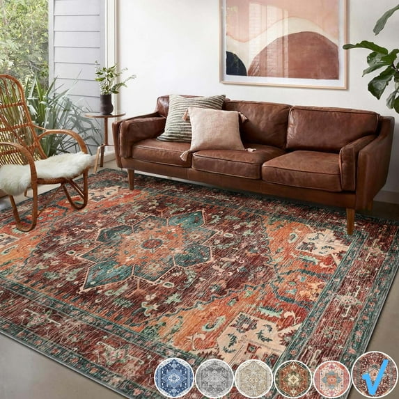 Yamaziot 4'x6' Area Rugs for Living Room, Washable Bedroom Throw Rug, Non-Slip Floor Mat, Brown Medallion Distressed Vintage Boho Carpet