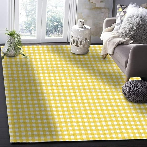 Area Rug, Yellow White Plaid Rugs Floor Carpet, Check Indoor Non-Slip Rug For Room Sofa Living Room Mat Bedroom Home Decor Floor Mats 4 x 6ft