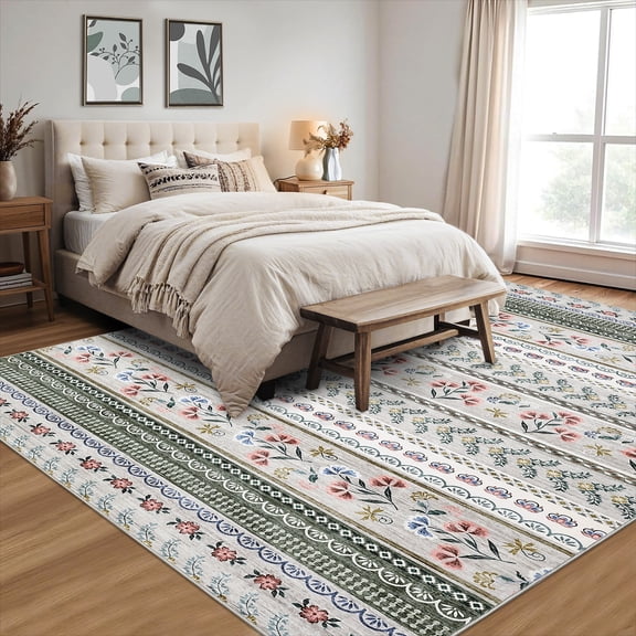 Area Rug for Kids Room, Non-Slip Indoor Carpet, Modern Floral Line, Contemporary Bedroom Accent, Stain-Resistant Boho Rug for Living Room