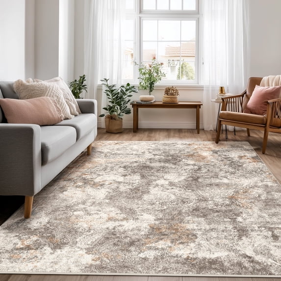 Area Rug for Living Room, 6'x9' Non-Slip Neutral Abstract Beige Indoor Rug, Low Pile Stain Resistant Carpet for Bedroom Dinning Room
