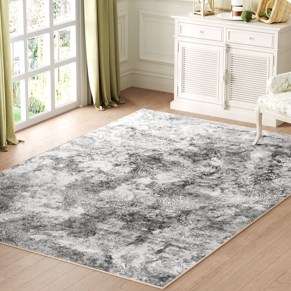 Area Rug for Living Room, 6'x9' Non-Slip Neutral Abstract Light Gray Indoor Rug, Stain Resistant Carpet for Bedroom, Dinning Room