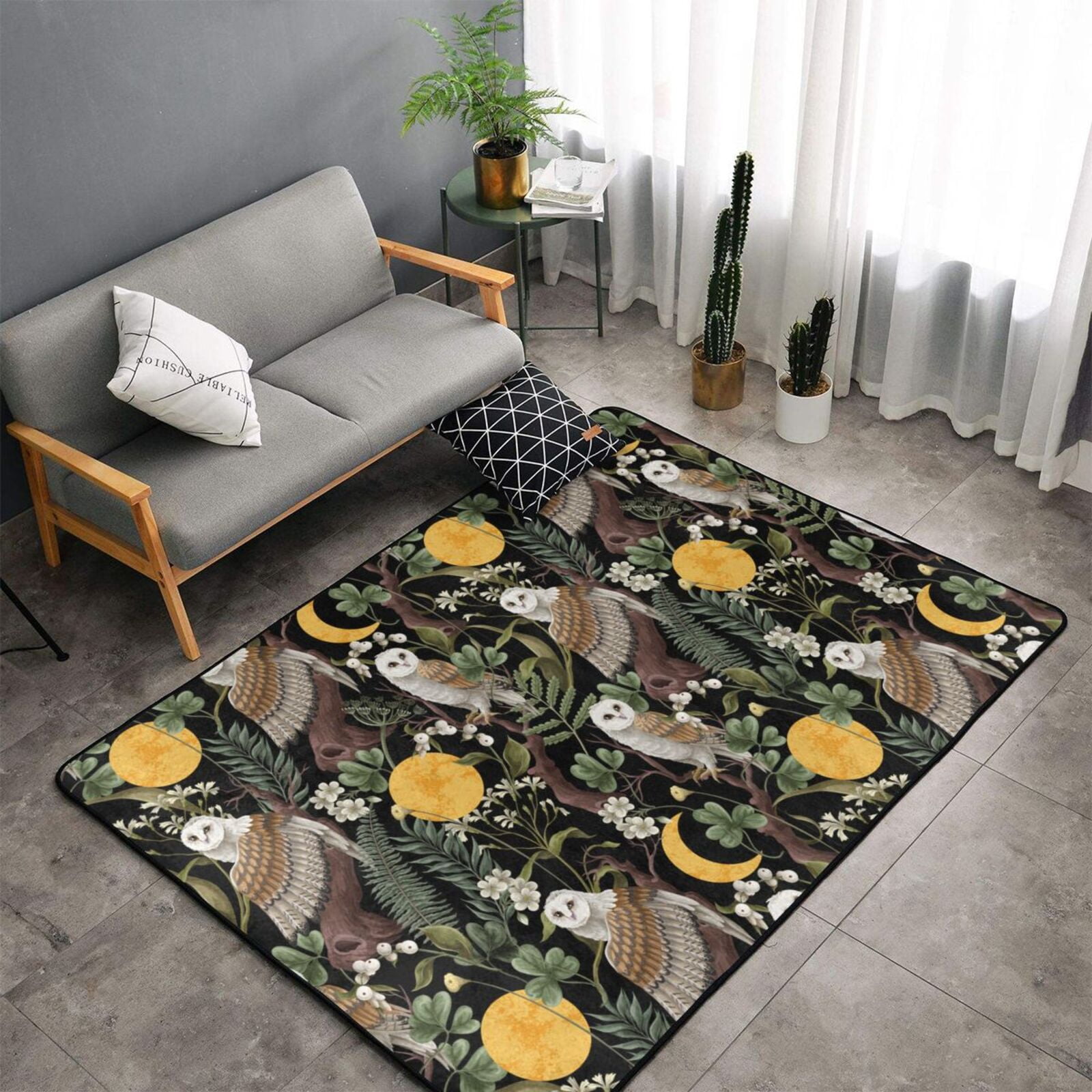 Area Rug for Living Room, Owls And Plants Stylish Throw Rug, Indoor
