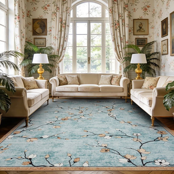 Area Rug for Living Room, Vintage Floral Rug, Washable Non Slip & Low Pile Carpet for Living Room, Bedroom, Dining Room