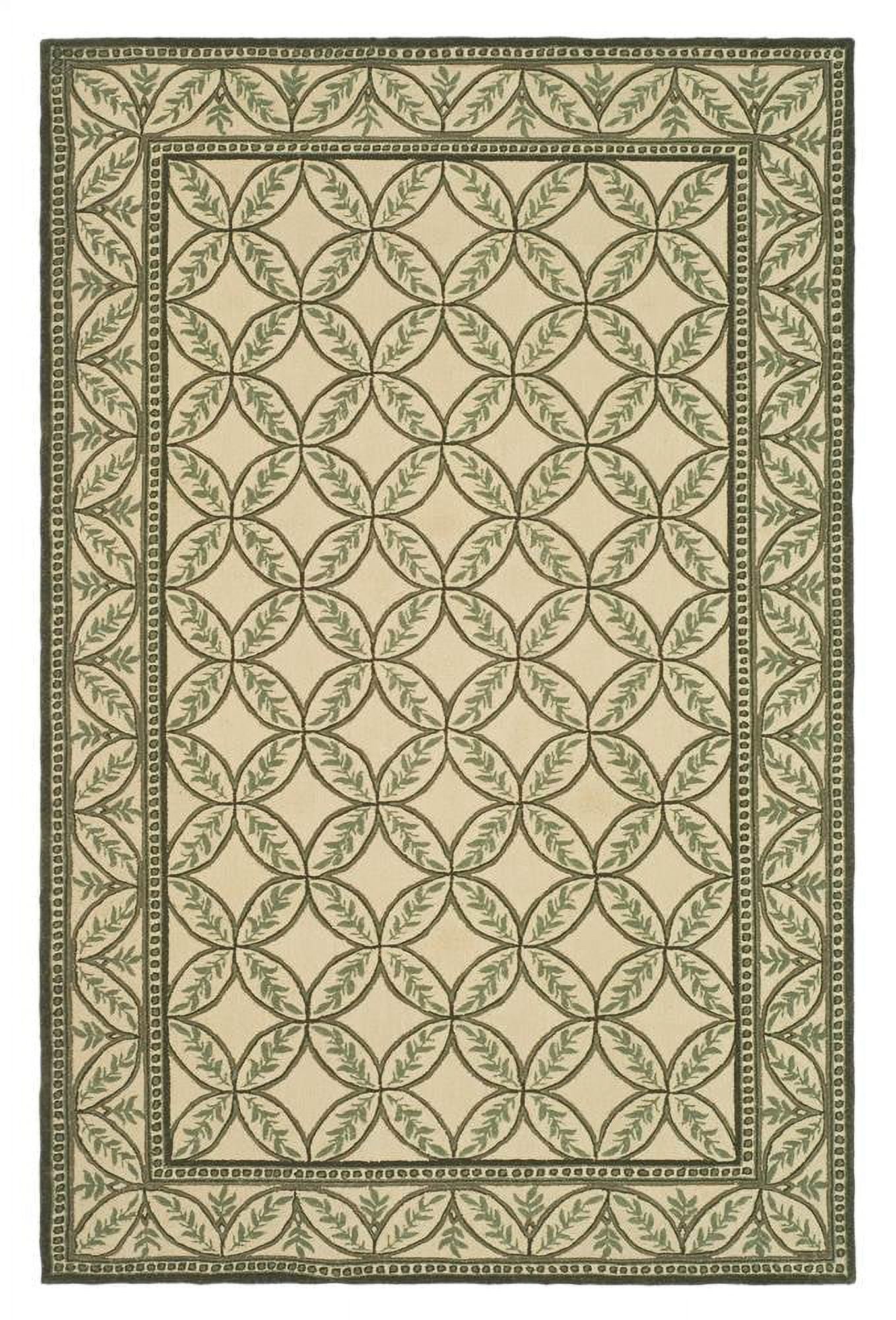 Handmade Taupe and Green Wool Floral Rectangular Area Rug
