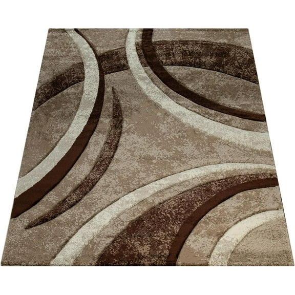 Area Rug with Contour Cut Striped Pattern Brown Beige and Cream Mixture, Size:3'11" x 5'7"