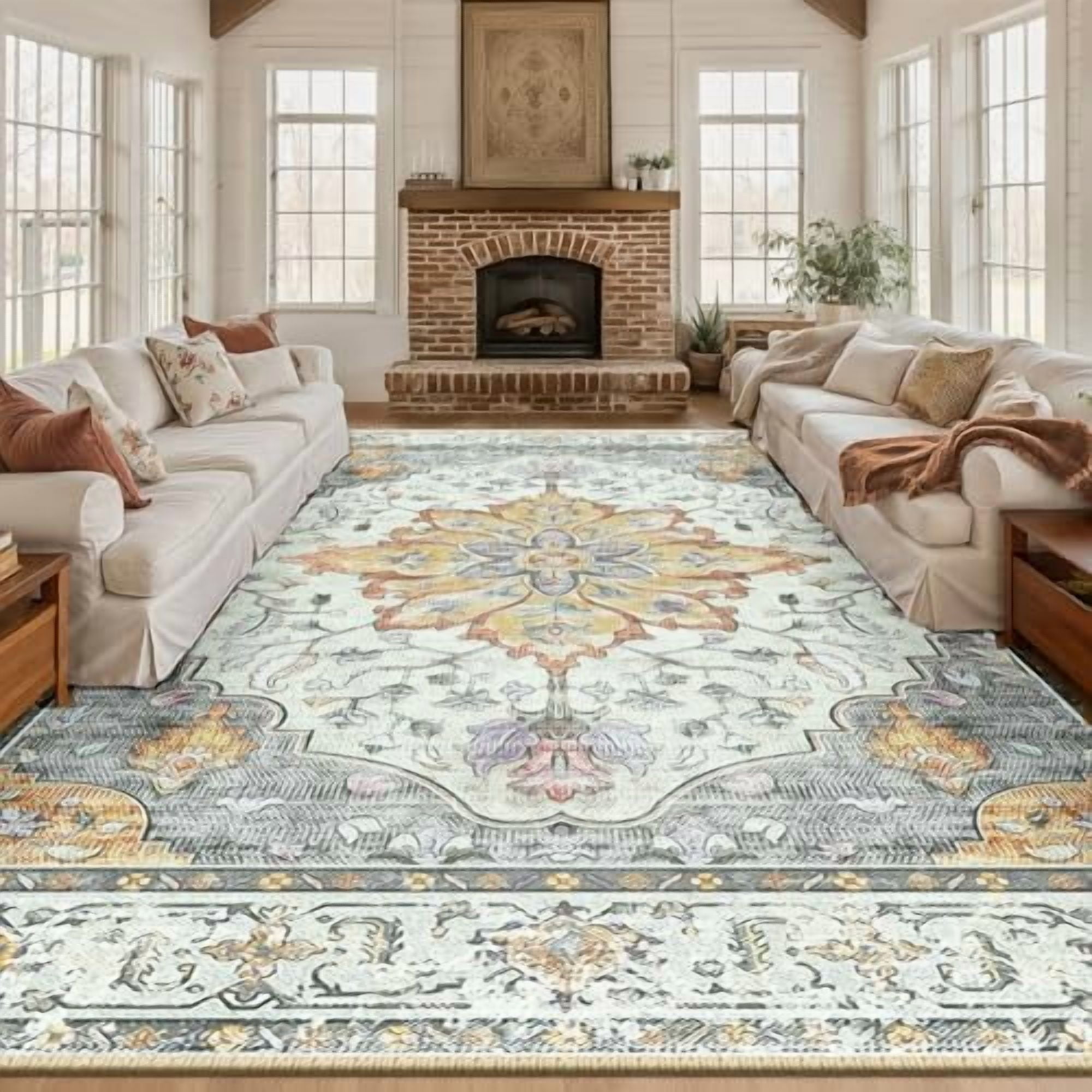 Area Rugs 10'x12' Washable Non-Slip, Floral Vintage Distress Print ...