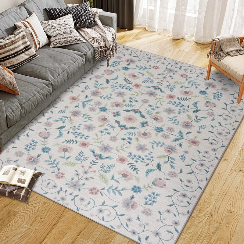 Area Rugs 10'x13' Washable Floral Rugs for Living Room Non Slip Low Pile Carpet for Office Bedroom Kids Room Bedside Beige