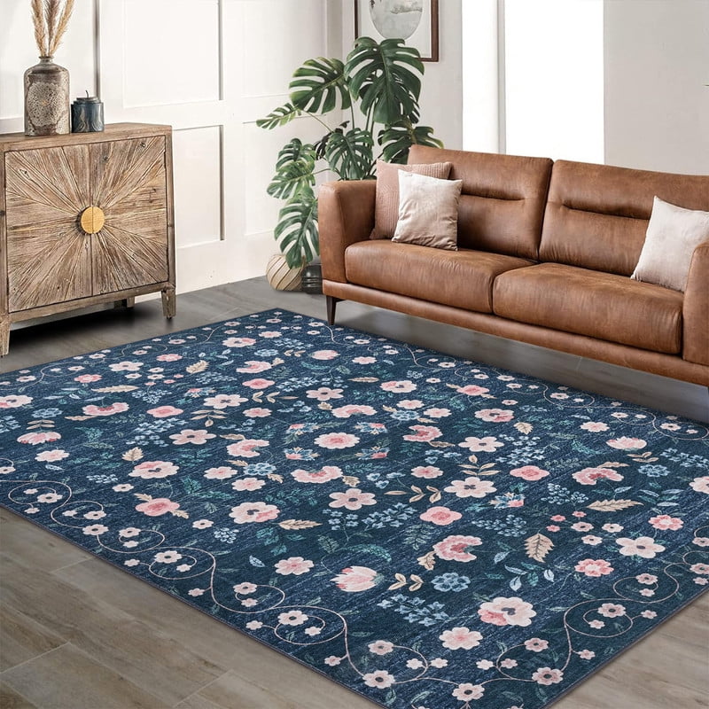 Area Rugs 10'x13' Washable Floral Rugs for Living Room Non Slip Low Pile Carpet for Office Bedroom Kids Room Bedside Black