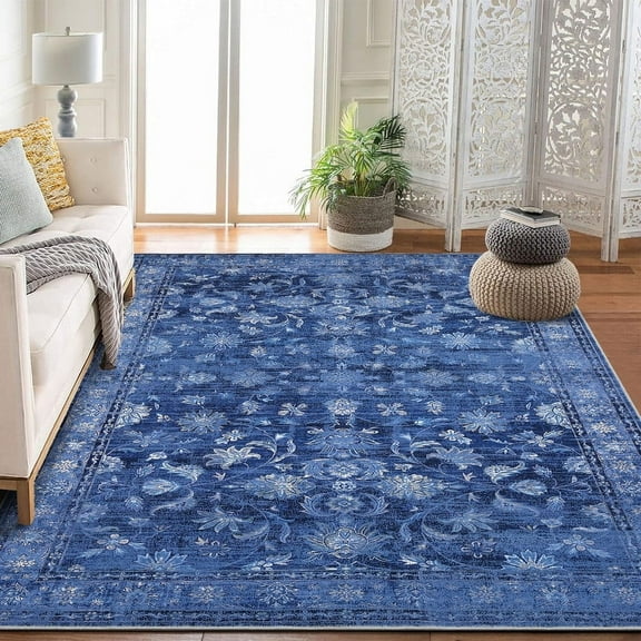 Area Rugs 10'x13' for Living Room Vintage Non Slip Washable Rugs for Dining Room Bedroom Indoor Rugs for Office Blue
