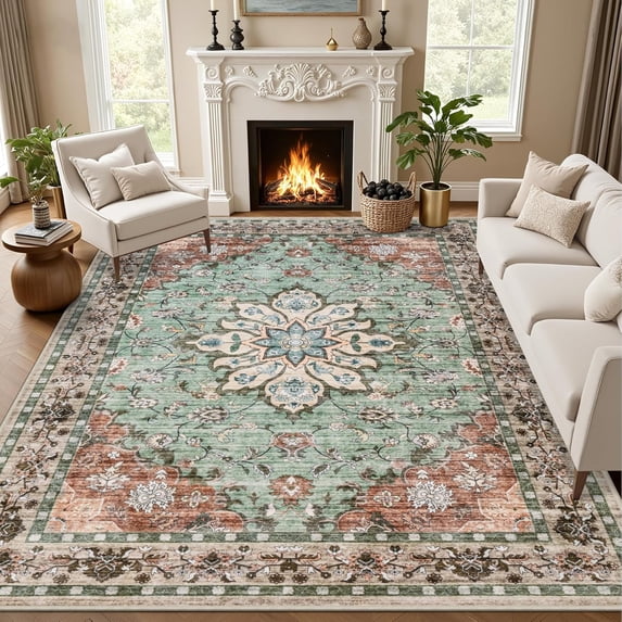 Area Rugs 10x12 Living Room Rug: Washable Rug Soft Vintage Distressed Floral Carpet Indoor Non-Slip Stain Resistant Large Carpets for Bedroom Dining Room Farmhouse Nursery Home Office Brown Green