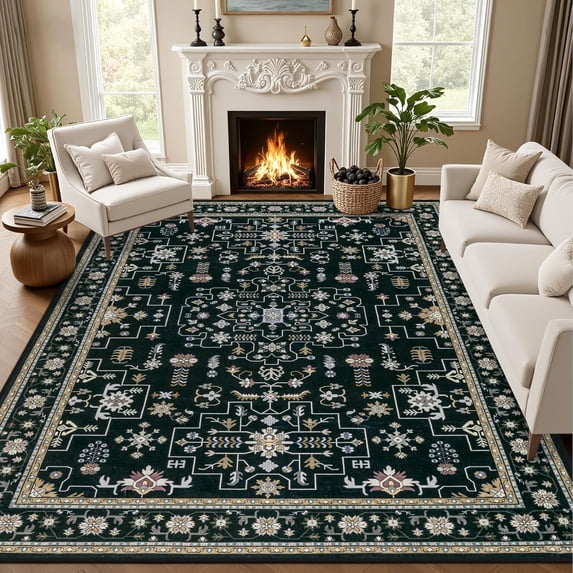 Area Rugs 10x14 Living Room Rug: Washable Rug Soft Vintage Boho Medallion Carpet Indoor Floor Non-Slip Stain Resistant Large Carpets for Bedroom Dining Room Farmhouse Nursery Home Office Black