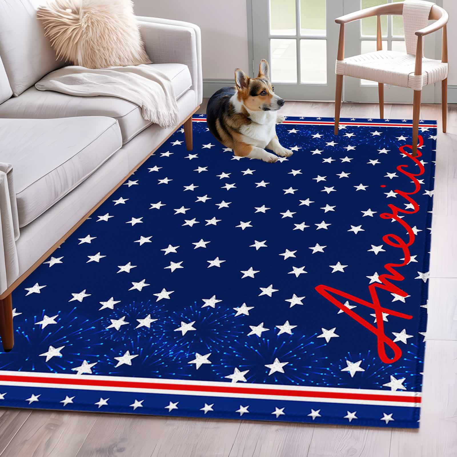 Area Rugs 2.7'x5', 4th of July Carpet for Living Room Bedroom Dining Room, Independence Day American Patriotic Stars Blue Throw Kitchen Rugs Non Slip Washable Rectangle Indoor Outdoor Rugs