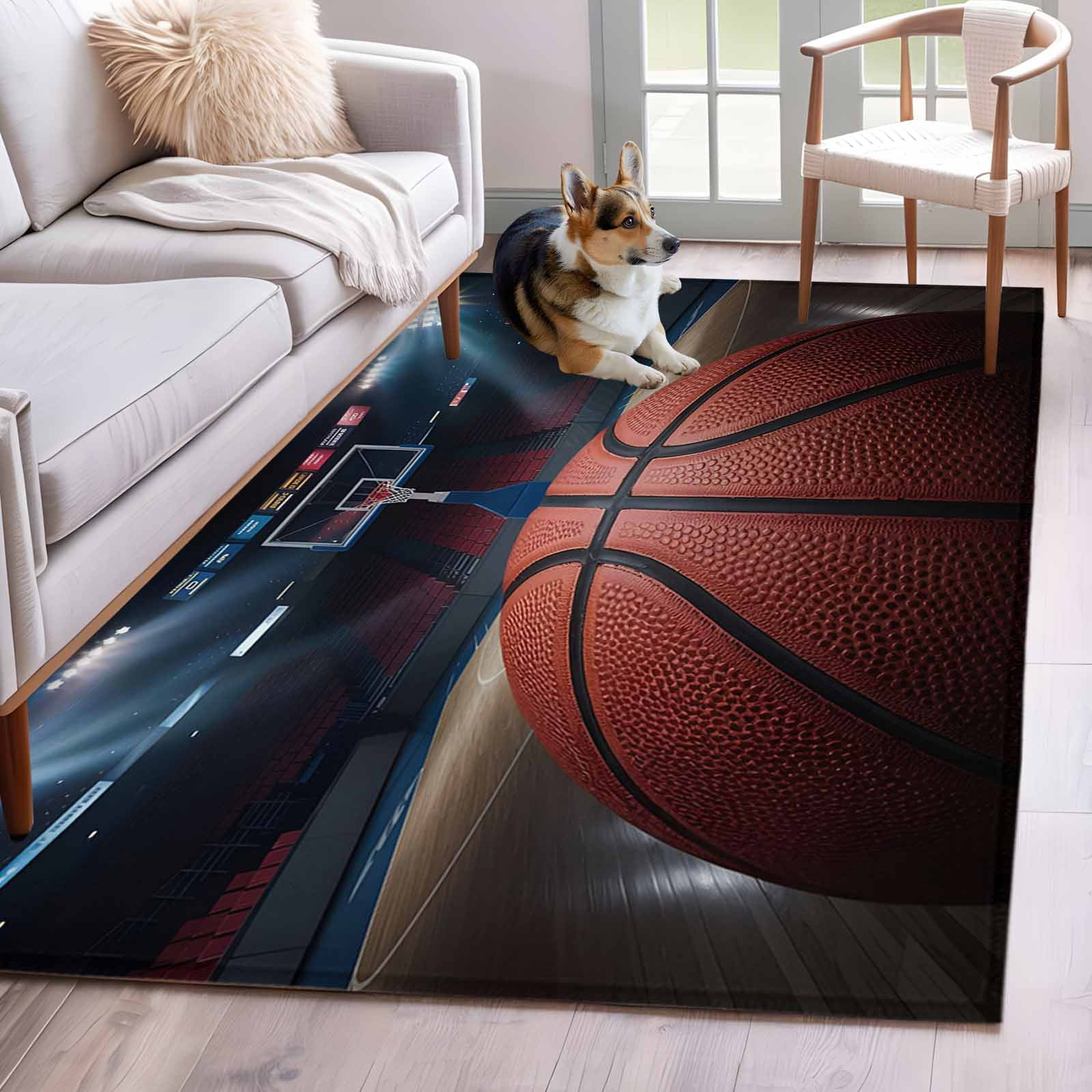 Area Rugs 2.7'x5', Basketball Carpet for Living Room Bedroom Dining Room, Sports Theme Stadium Field Lights Ball Throw Kitchen Rugs Non Slip Washable Rectangle Indoor Outdoor Rugs