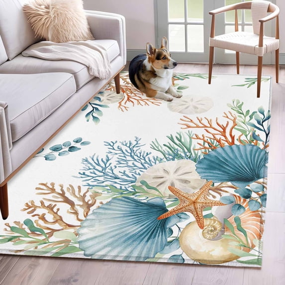 Area Rugs 2.7'x5', Beach Coastal Carpet for Living Room Bedroom Dining Room, Summer Nautical Coral Shell Botanical Throw Kitchen Rugs Non Slip Washable Rectangle Indoor Outdoor Rugs