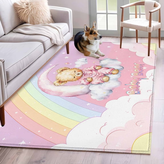 Area Rugs 2.7'x5', Bears Carpet for Living Room Bedroom Dining Room, Cute Rainbow Clouds Moon Pink Purple Throw Kitchen Rugs Non Slip Washable Rectangle Indoor Outdoor Rugs