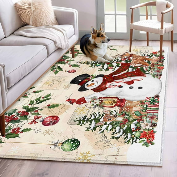 Area Rugs 2.7'x5', Beige Christmas Snowman Carpet for Living Room Bedroom Dining Room, Xmas Snowflake Elk Tree Balls Throw Kitchen Rugs Non Slip Washable Rectangle Indoor Outdoor Rugs