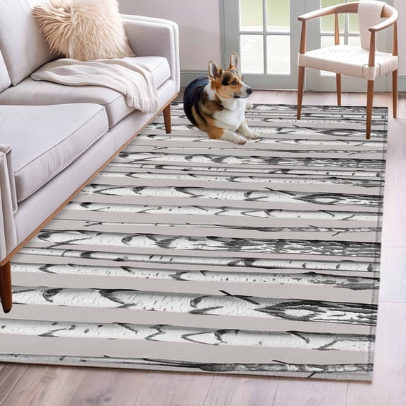 Area Rugs 2.7'x5', Birch Trees Carpet for Living Room Bedroom Dining Room, Forest Vintage Abstract Wooden Gray Throw Kitchen Rugs Non Slip Washable Rectangle Indoor Outdoor Rugs