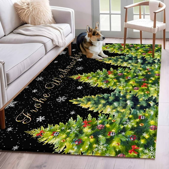 Area Rugs 2.7'x5', Black Christmas Tree Carpet for Living Room Bedroom Dining Room, Xmas Tree Snowflake Winter Holiday Throw Kitchen Rugs Non Slip Washable Rectangle Indoor Outdoor Rugs