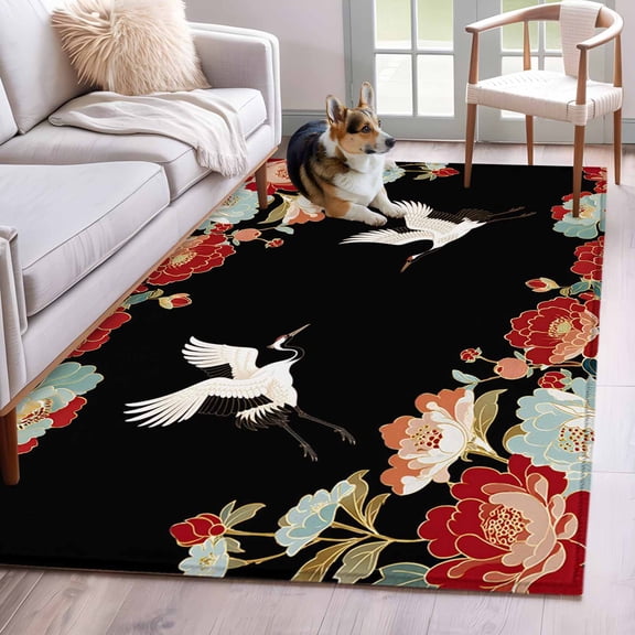 Area Rugs 2.7'x5', Black Crane Carpet for Living Room Bedroom Dining Room, Vintage Red Teal Spring Floral Botanical Throw Kitchen Rugs Non Slip Washable Rectangle Indoor Outdoor Rugs