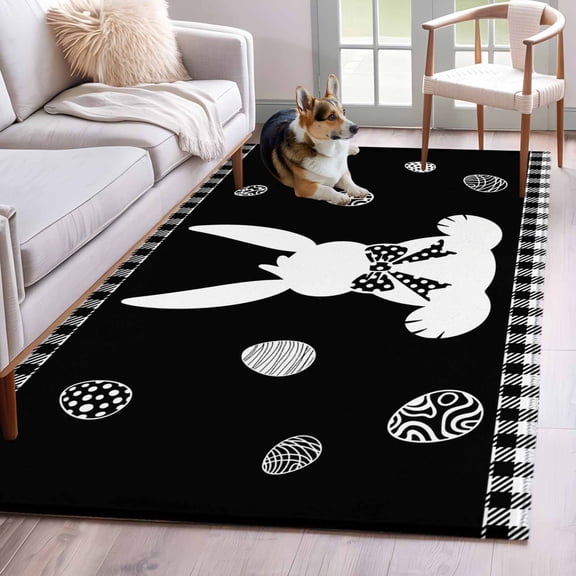 Area Rugs 2.7'x5', Black Easter Carpet for Living Room Bedroom Dining Room, Simple Cute Rabbit Eggs Buffalo Checkered Throw Kitchen Rugs Non Slip Washable Rectangle Indoor Outdoor Rugs