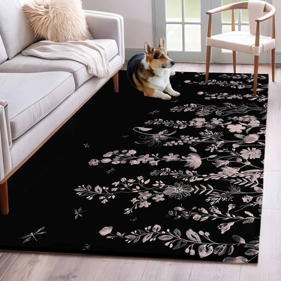 Area Rugs 2.7'x5', Black Floral Carpet for Living Room Bedroom Dining Room, Elegant Pastoral Flowers Farmhouse Throw Kitchen Rugs Non Slip Washable Rectangle Indoor Outdoor Rugs