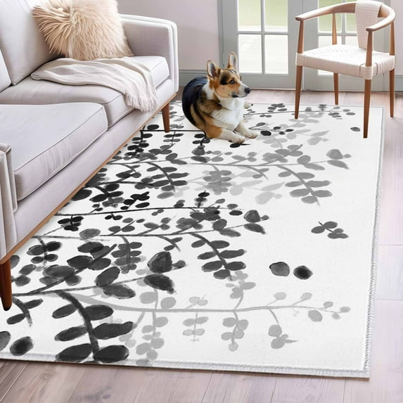 Area Rugs 2.7'x5', Black Leaves Carpet for Living Room Bedroom Dining Room, Summer Botanical Throw Kitchen Rugs Non Slip Washable Rectangle Indoor Outdoor Rugs
