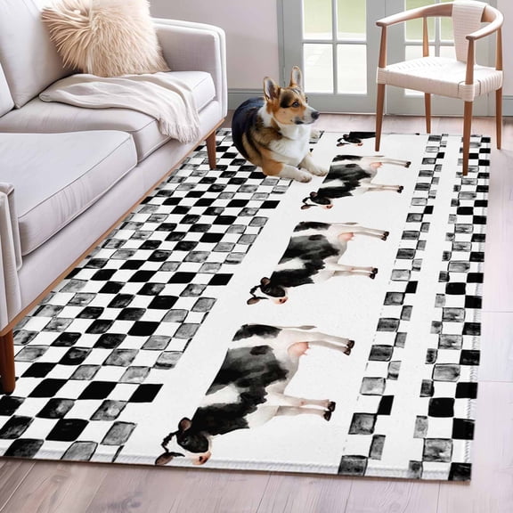 Area Rugs 2.7'x5', Black Plaid Farmhouse Carpet for Living Room Bedroom Dining Room, Watercolor Cute Country Cow Checkered Throw Kitchen Rugs Non Slip Washable Rectangle Indoor Outdoor Rugs