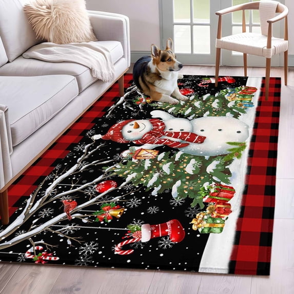 Area Rugs 2.7'x5', Black Red Christmas Carpet for Living Room Bedroom Dining Room, Snowman Xmas Tree Snowflake Plaid Throw Kitchen Rugs Non Slip Washable Rectangle Indoor Outdoor Rugs