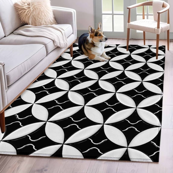 Area Rugs 2.7'x5', Black Rhombus Carpet for Living Room Bedroom Dining Room, Retro Abstract Geometric Pattern Throw Kitchen Rugs Non Slip Washable Rectangle Indoor Outdoor Rugs