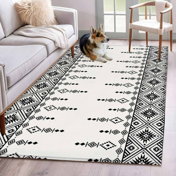 Area Rugs 2.7'x5', Black White Boho Carpet for Living Room Bedroom Dining Room, Vintage Ethnic Tribe Abstract Art Retro Throw Kitchen Rugs Non Slip Washable Rectangle Indoor Outdoor Rugs