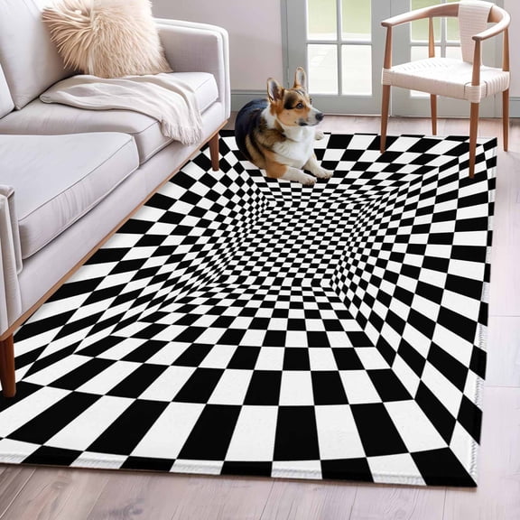 Area Rugs 2.7'x5', Black White Plaid Carpet for Living Room Bedroom Dining Room, Modern Abstract Checkered Striped Throw Kitchen Rugs Non Slip Washable Rectangle Indoor Outdoor Rugs