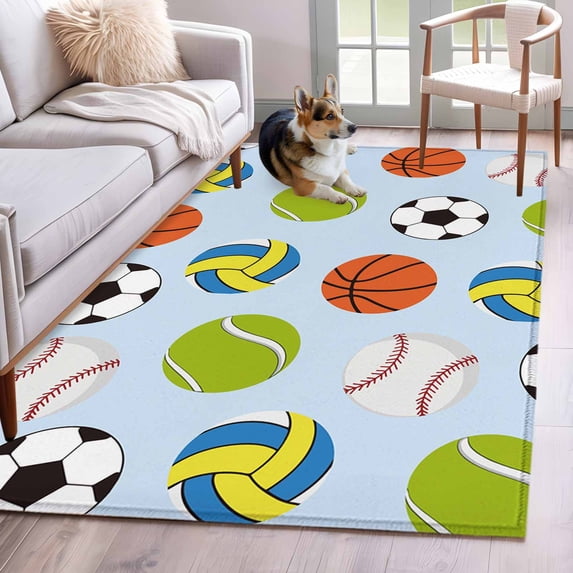 Area Rugs 2.7'x5', Blue Balls Carpet for Living Room Bedroom Dining Room, Baseball Tennis Basketball Football Throw Kitchen Rugs Non Slip Washable Rectangle Indoor Outdoor Rugs