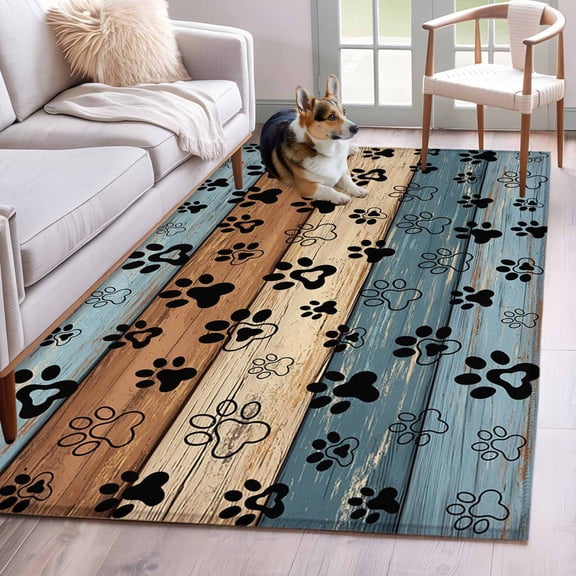 Area Rugs 2.7'x5', Blue Brown Carpet for Living Room Bedroom Dining Room, Rustic Farmhouse Dog Paw Vintage Throw Kitchen Rugs Non Slip Washable Rectangle Indoor Outdoor Rugs
