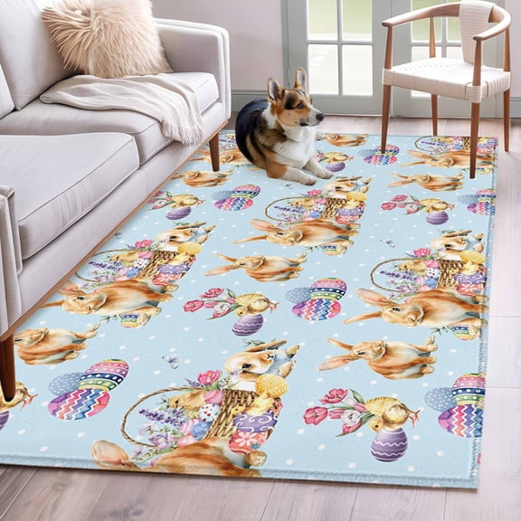 Area Rugs 2.7'x5', Blue Bunny Easter Carpet for Living Room Bedroom Dining Room, Colorful Eggs Rabbits Pastoral Throw Kitchen Rugs Non Slip Washable Rectangle Indoor Outdoor Rugs
