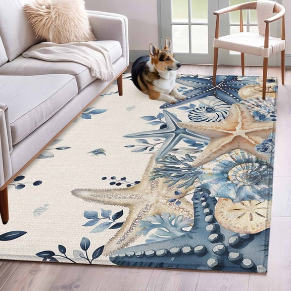 Area Rugs 2.7'x5', Blue Coastal Starfish Carpet for Living Room Bedroom Dining Room, Beach Nautical Shell Eucalyptus Rustic Throw Kitchen Rugs Non Slip Washable Rectangle Indoor Outdoor Rugs