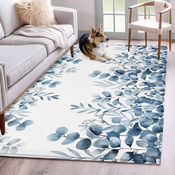 Area Rugs 2.7'x5', Blue Eucalyptus Leaves Carpet for Living Room Bedroom Dining Room, Watercolor Spring Summer Botanical Throw Kitchen Rugs Non Slip Washable Rectangle Indoor Outdoor Rugs
