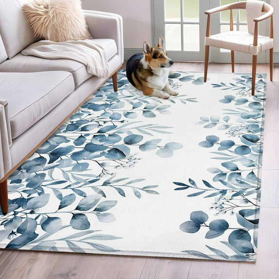 Area Rugs 2.7'x5', Blue Green Eucalyptus Leaves Carpet for Living Room Bedroom Dining Room, Spring Summer Botanical Throw Kitchen Rugs Non Slip Washable Rectangle Indoor Outdoor Rugs