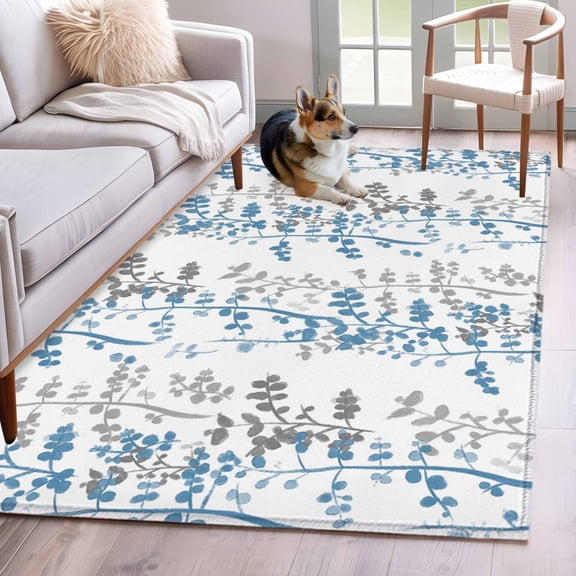 Area Rugs 2.7'x5', Blue Grey Botanical Carpet for Living Room Bedroom Dining Room, Spring Floral Summer Farmhouse Throw Kitchen Rugs Non Slip Washable Rectangle Indoor Outdoor Rugs