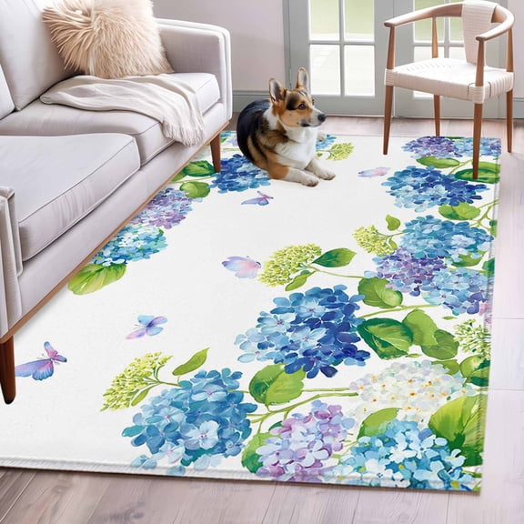 Area Rugs 2.7'x5', Blue Hydrangea Carpet for Living Room Bedroom Dining Room, Farmhouse Butterfly Spring Floral Throw Kitchen Rugs Non Slip Washable Rectangle Indoor Outdoor Rugs